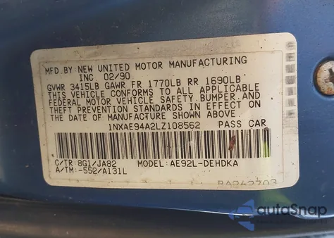 1990 Toyota Corolla Dlx from USA, damaged, VIN 1NXAE94A2LZ108562